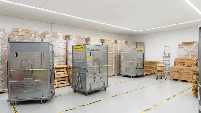 Versandbereich des Treeberg-Lagers: Rollwagen der Deutschen Post