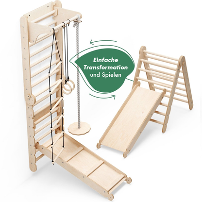 Kinder-Spielset 6in1: Dreieckige Kletterleiter, Kletternetz, Bogen, Rutschenbrett, Kissen, Kunstset